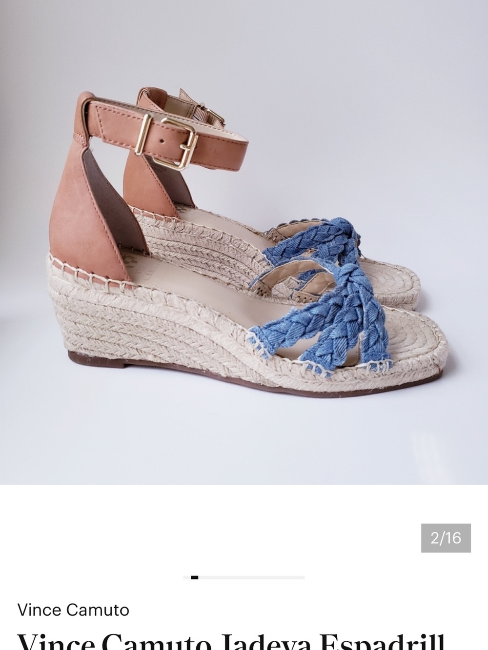 Vince Camuto NWOB Jadeya Blue Espadrille Wedge Sandals with Tan Ankle Strap 7.5 - Picture 2 of 7